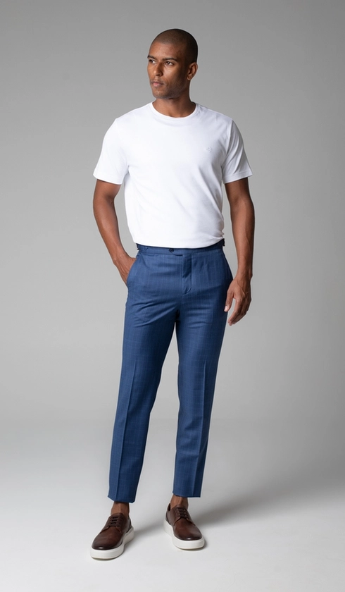 Calça Social Xadrez Super 120 Com Fivela No Cós