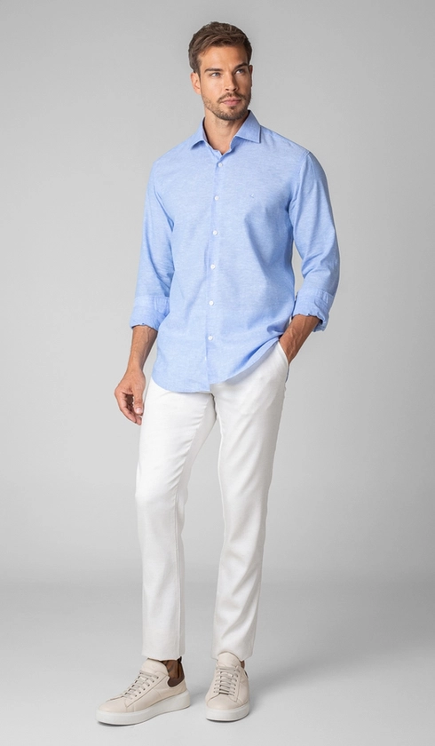 Camisa Manga Longa Linho com Algodão Lisa Slim