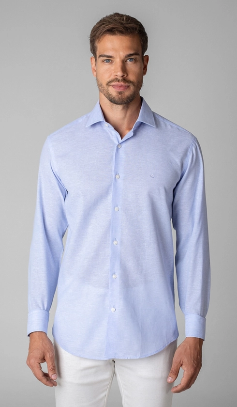Camisa Manga Longa Linho com Algodão Lisa Slim
