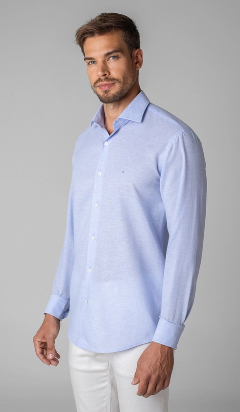 Camisa Manga Longa Linho com Algodão Lisa Slim