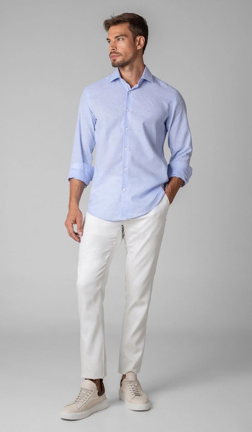 Camisa Manga Longa Linho com Algodão Lisa Slim