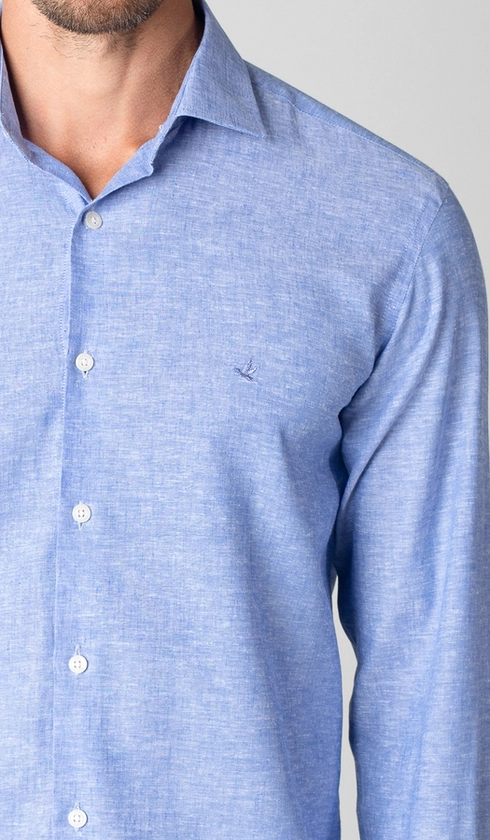Camisa Manga Longa Linho com Algodão Lisa Slim