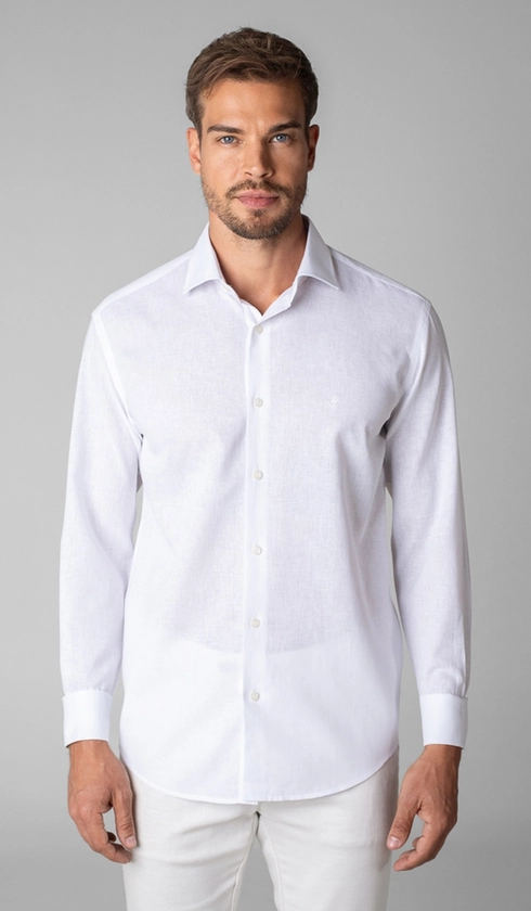 Camisa Manga Longa Linho com Algodão Lisa Slim
