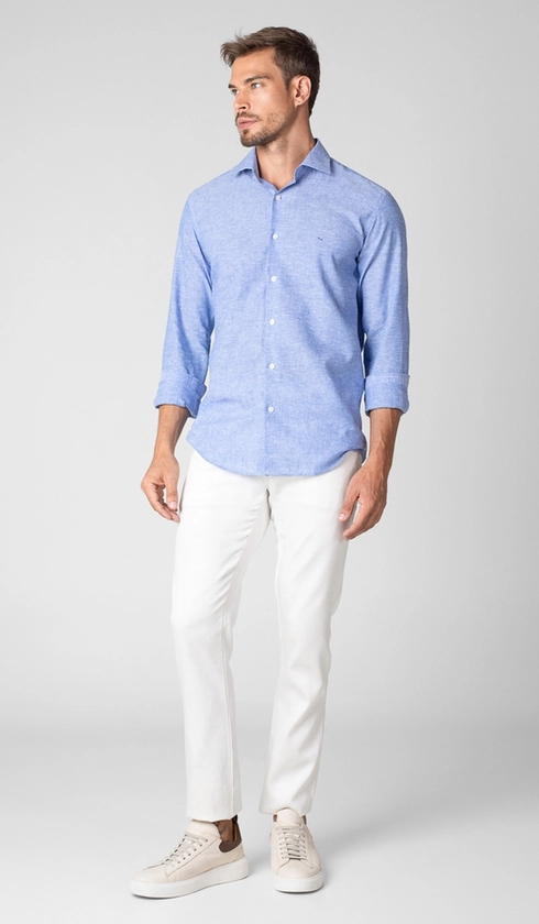 Camisa Manga Longa Linho com Algodão Lisa Slim