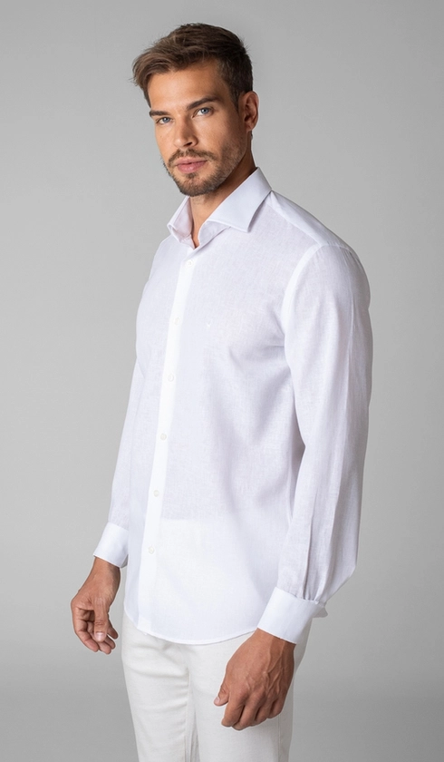Camisa Manga Longa Linho com Algodão Lisa Slim