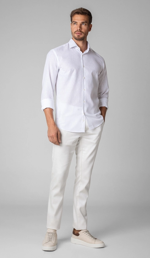 Camisa Manga Longa Linho com Algodão Lisa Slim