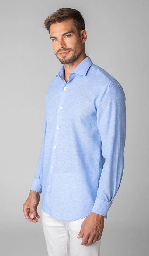 Camisa Manga Longa Linho com Algodão Lisa Slim