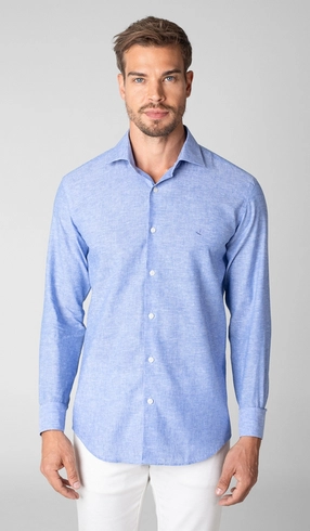 Camisa Manga Longa Linho com Algodão Lisa Slim
