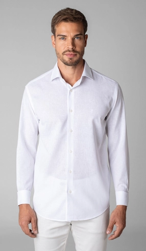 Camisa Manga Longa Linho com Algodão Lisa Slim